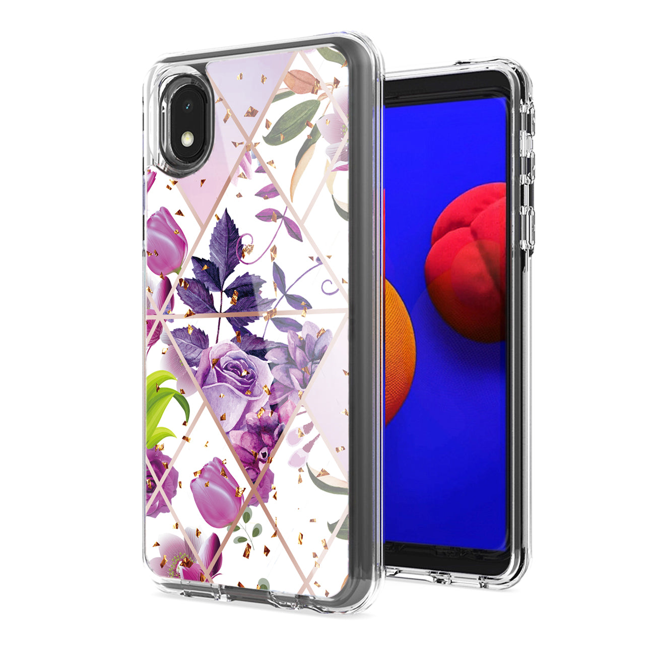 Flower Design Pattern Printing Dual Layer Hybrid Hard Plastic and Soft TPU Rubber Case Cover for SAMSUNG GALAXY A01 CORE In Purple Base Flower